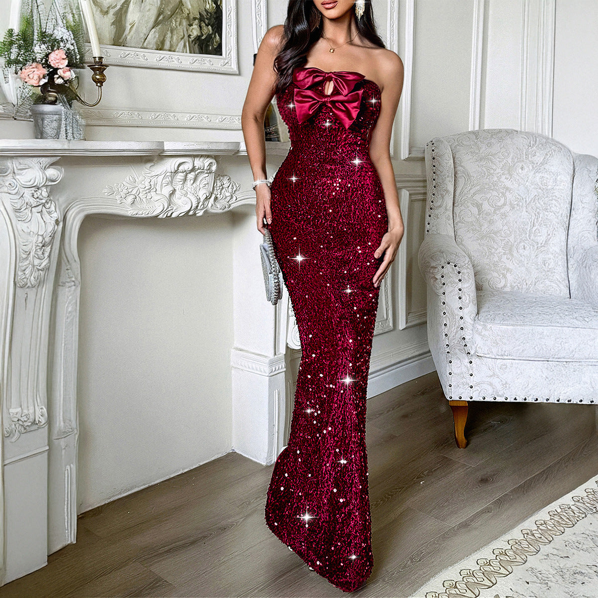 Women Elegant Evening Dress Tube Top Sexy Maxi Dress Burgundy