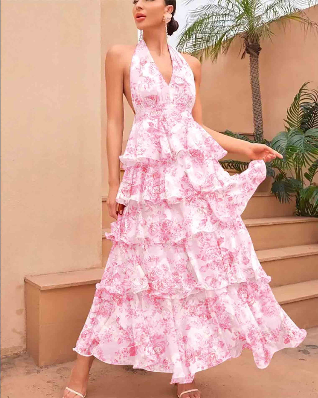 Spring Women Clothing Dress Sexy V neck Sling Multi Layer Printing Dress Multi