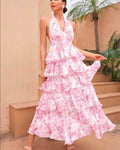 Spring Women Clothing Dress Sexy V neck Sling Multi Layer Printing Dress Multi