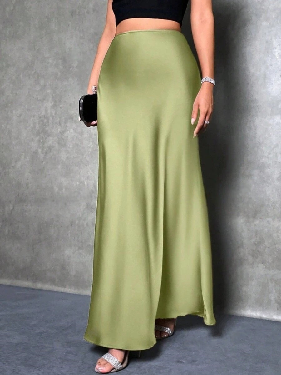 Satin Skirt Autumn Winter Simple A line Long Skirt Women Clothing Green