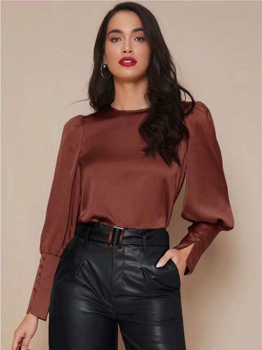 Long Sleeved Satin Shirt Women Spring Autumn Lantern Sleeve Satin Shirt Top Coffee