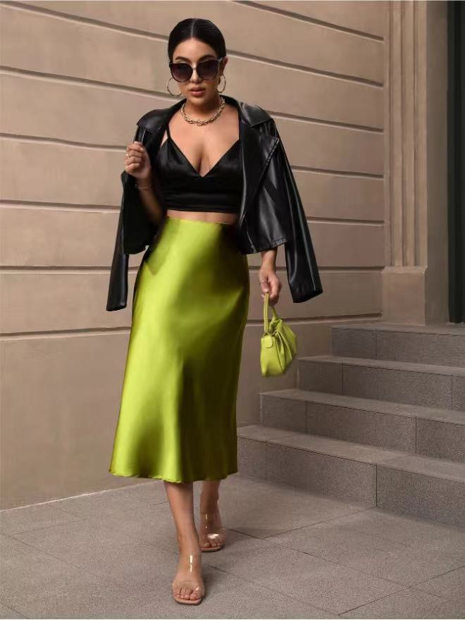 Hip Wrapped Fishtail Skirt Satin Mid Length Skirt Autumn Women Clothing Direct Olive