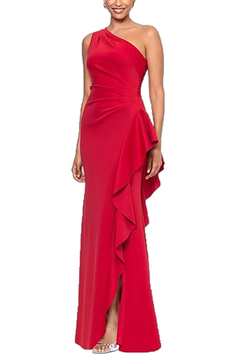 One Shoulder Elegant Solid Color Slim Waist Split Fishtail Side Ruffled Evening Dress Red