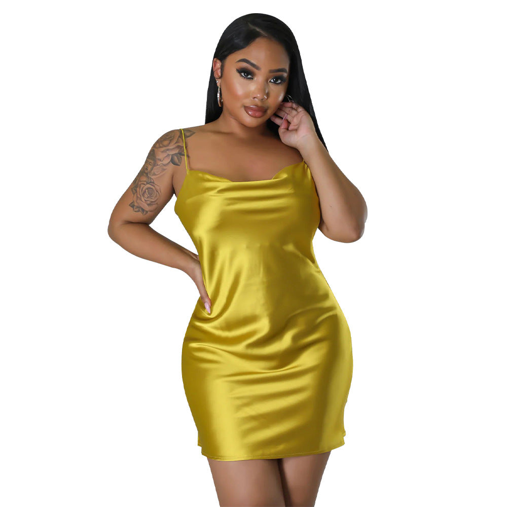 Women Clothing Solid Color Backless Dress Artificial Silk Sexy Swing Collar Sling Dress Gold1