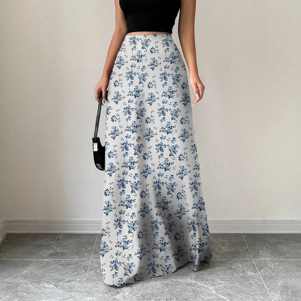 Women Clothing Satin Satin Dress Skirt Women Summer Artificial Silk Long Skirt High Sense Blue
