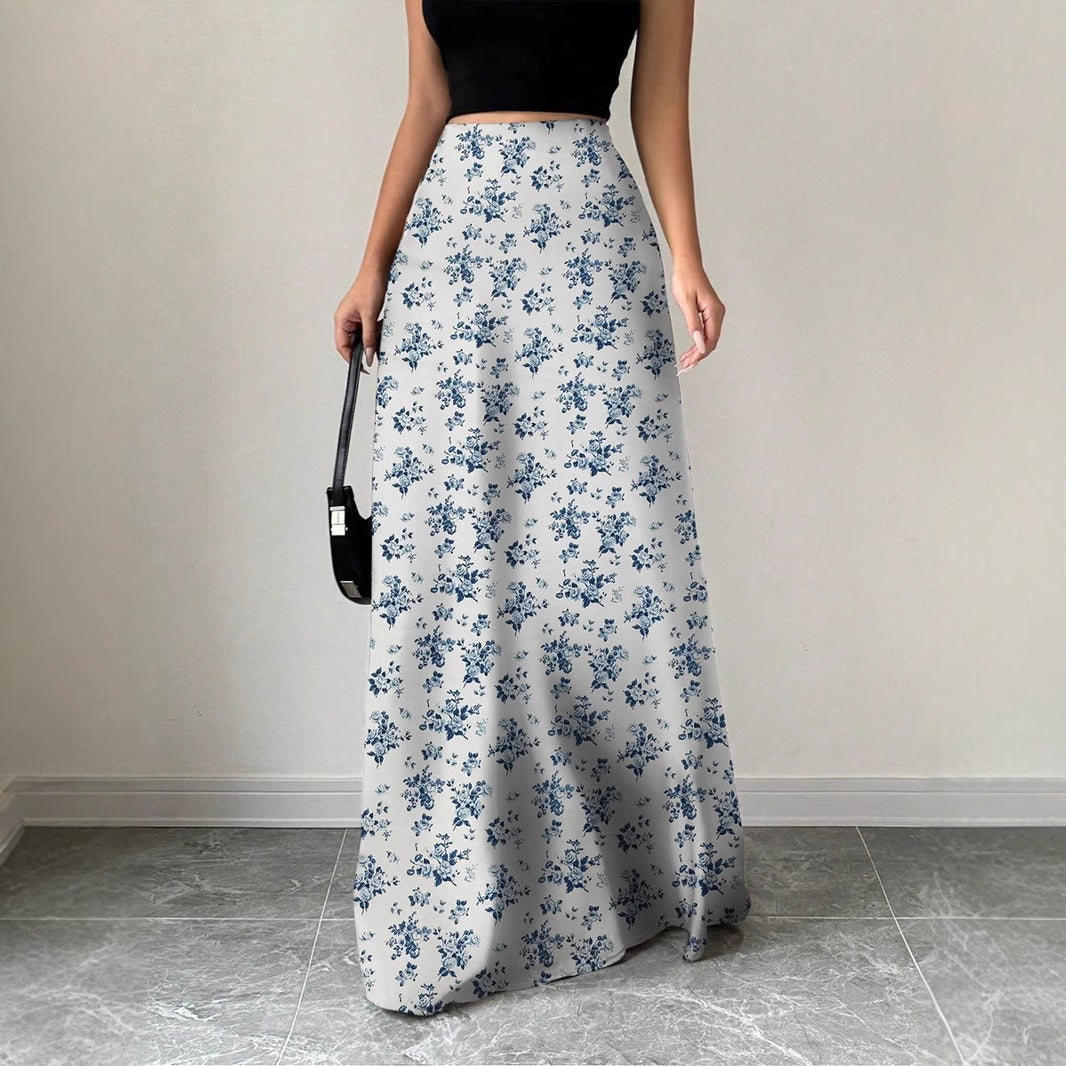 Women Clothing Satin Satin Dress Skirt Women Summer Artificial Silk Long Skirt High Sense Blue