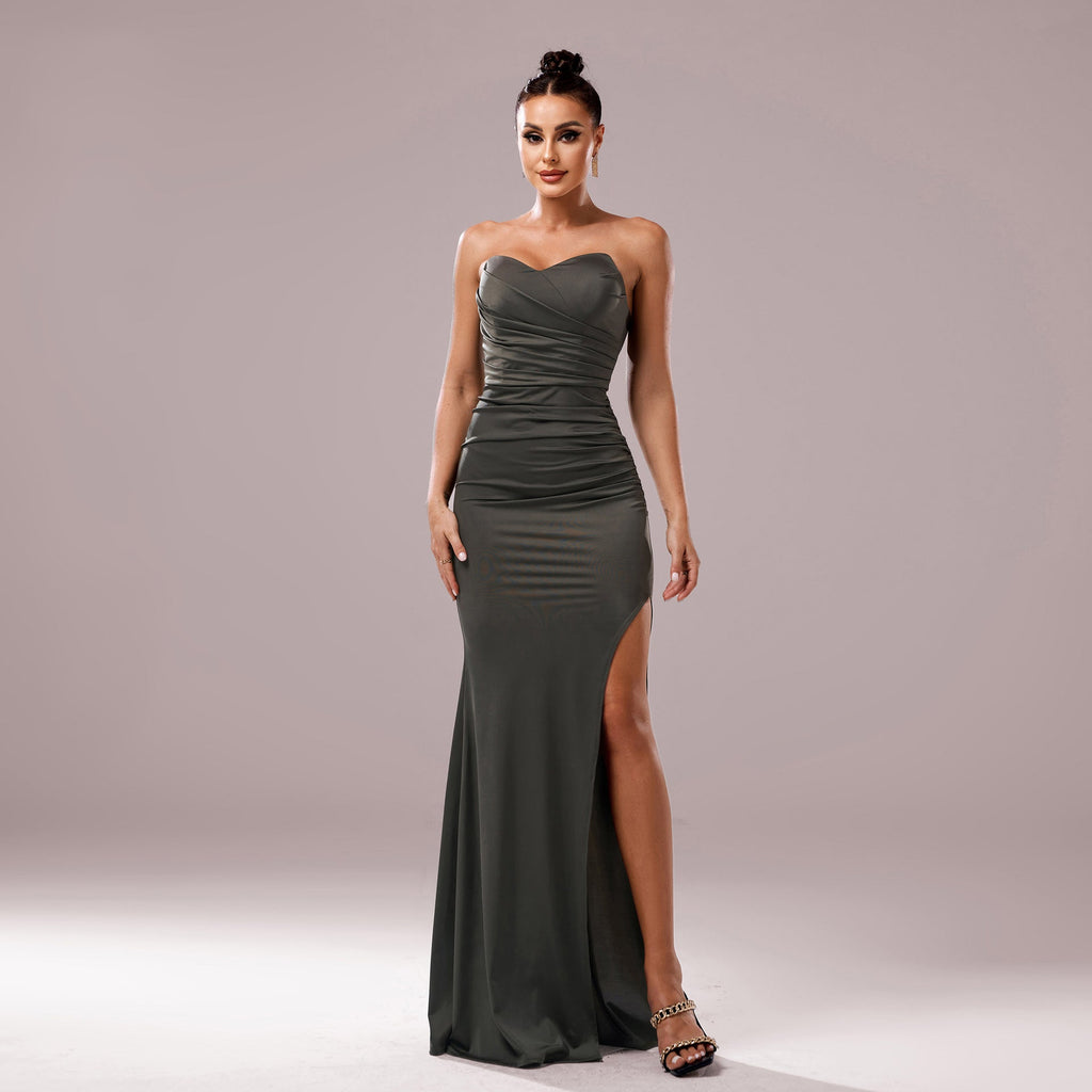 Women Clothing Chest Wrapped off Neck Slim Fit Sheath Cocktail Fishtail Evening Dress Olive Green