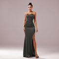 Women Clothing Chest Wrapped off Neck Slim Fit Sheath Cocktail Fishtail Evening Dress Olive Green