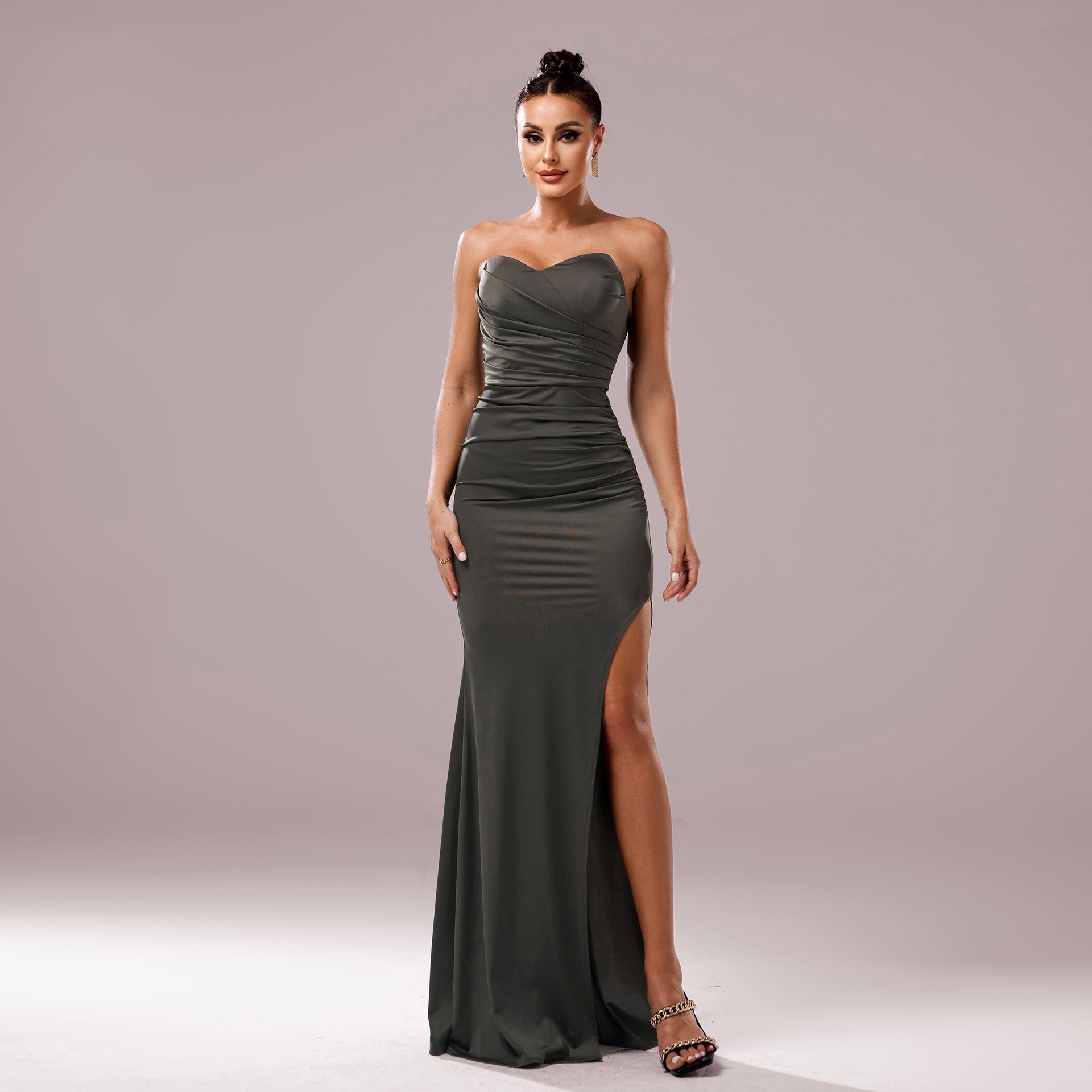 Women Clothing Chest Wrapped off Neck Slim Fit Sheath Cocktail Fishtail Evening Dress Olive Green