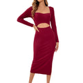 Sexy Sexy Design Waist Hollow Out Cutout Figure Flattering Side Slit Hip Dress Burgundy