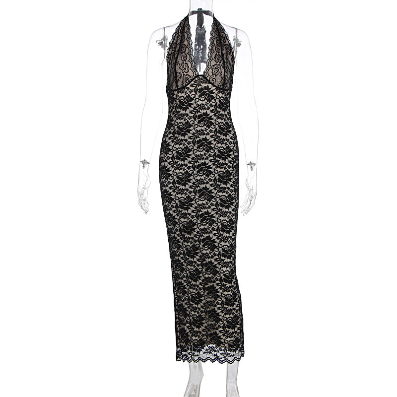 Summer Women Clothing Sexy Halter Lace Split Slim Slimming Dress Black