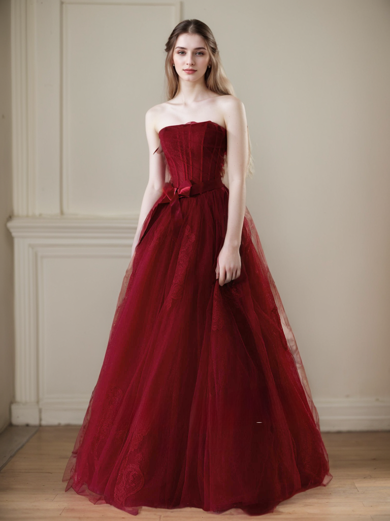 Elegant Strapless Burgundy Tulle Ball Gown with Corset Back and Ribbon Tie Ruby Red
