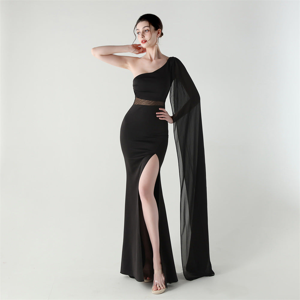 Single Shoulder Crossbody Stitching Mesh Design Satin Slim Cocktail Dress Evening Dress Black