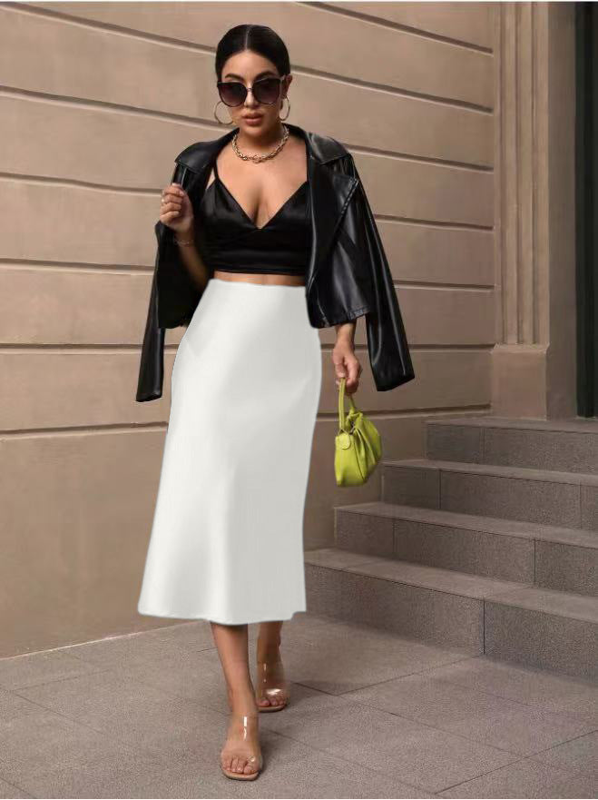 Hip Wrapped Fishtail Skirt Satin Mid Length Skirt Autumn Women Clothing Direct White
