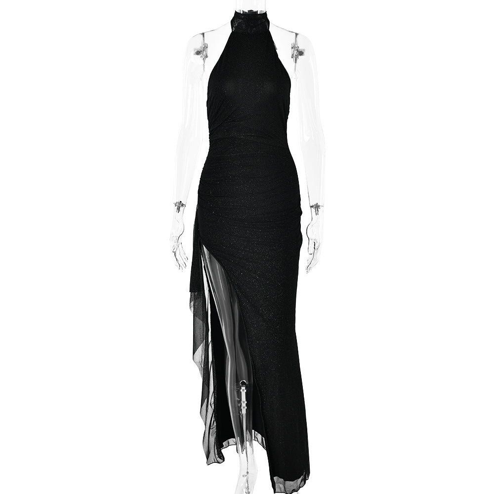 Sexy Women Wear Autumn Sexy Sleeveless Halter Backless Slim Fit Slit Dress Black