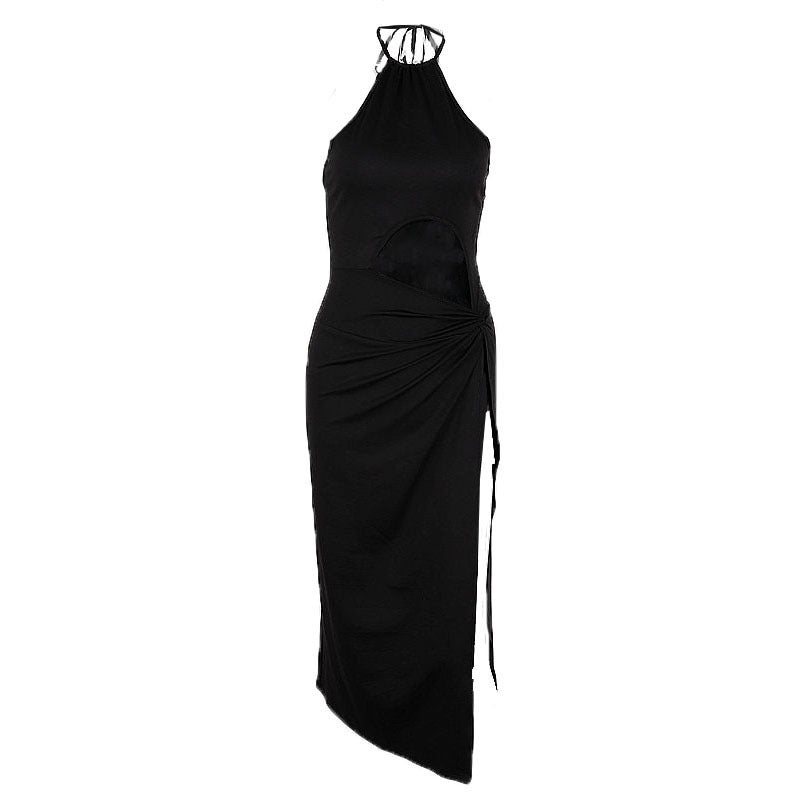 Autumn Sexy Cutout High Slit Halter Lace Up Dress Women Black