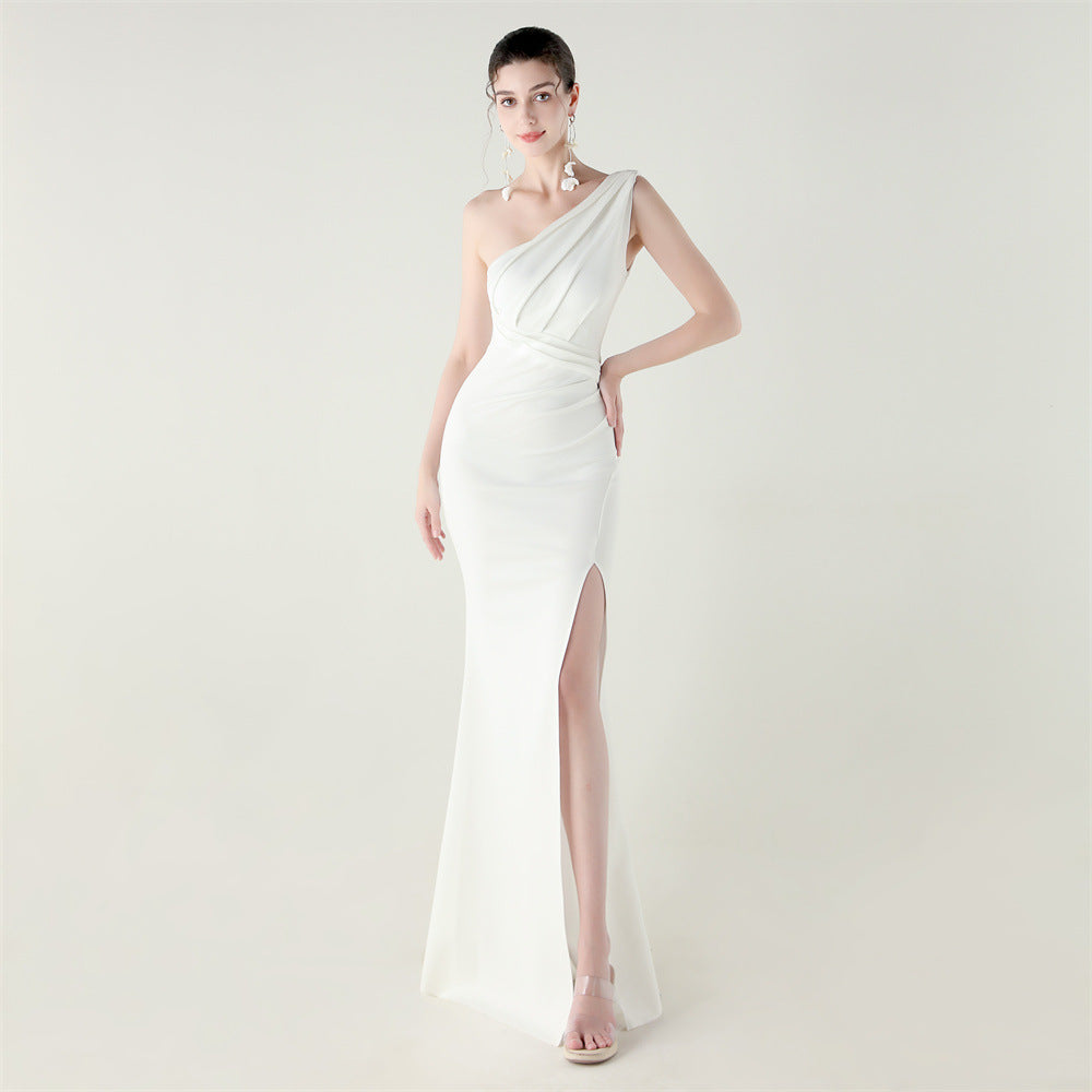 One Shoulder Slim Fit Satin Folding High Slit Sexy Evening Dress Fishtail Dress Dinner Wedding Social Networking White