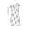 Women Clothing Spring Summer Sexy Polka Dot Printed Shoulder Lace up Slim Fit Hip Bag Dress White