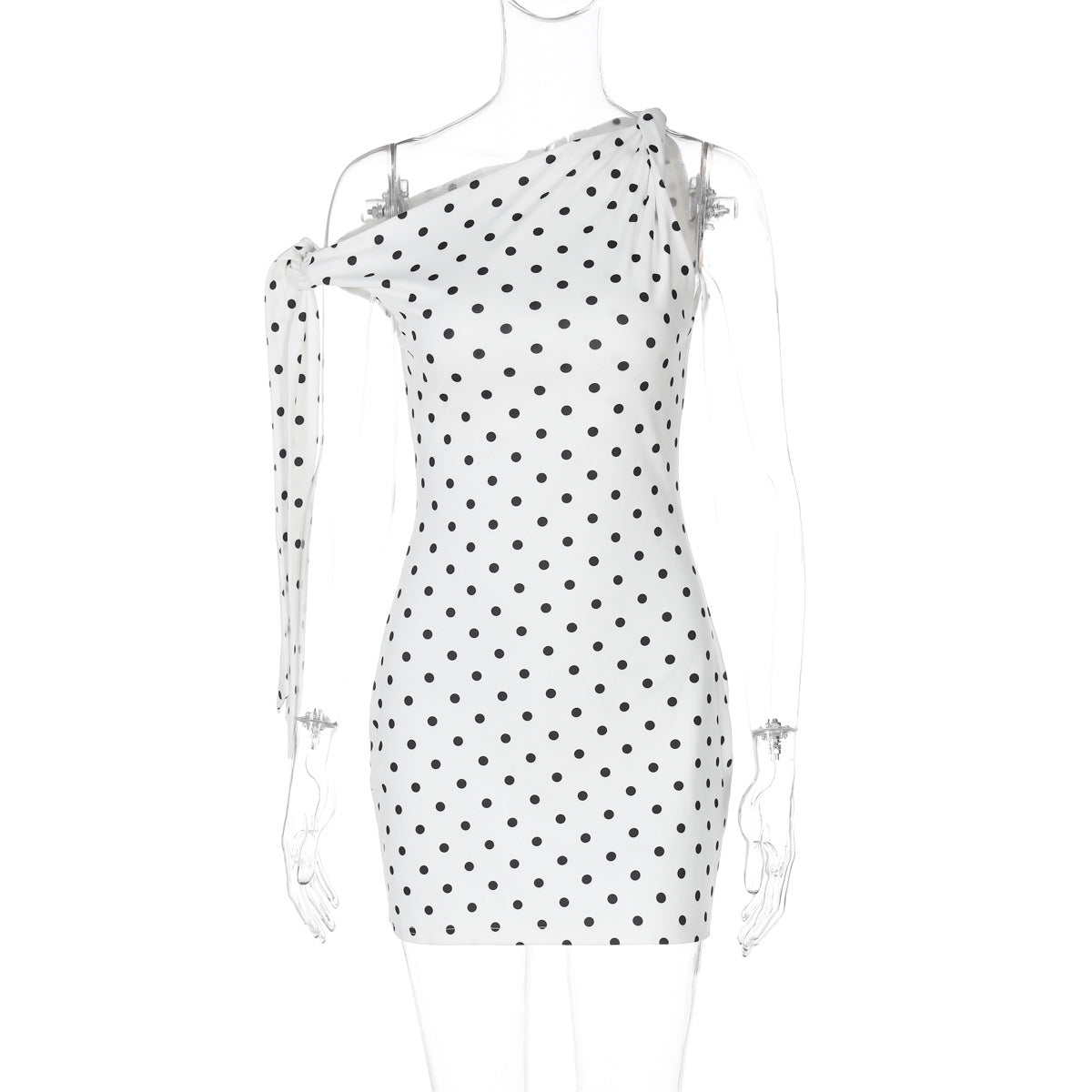 Women Clothing Spring Summer Sexy Polka Dot Printed Shoulder Lace up Slim Fit Hip Bag Dress White