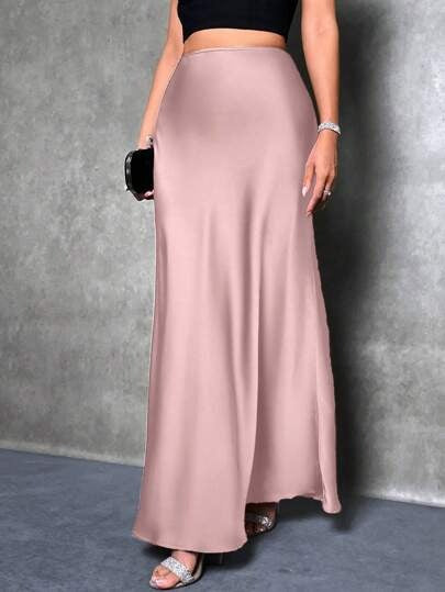 Satin Skirt Autumn Winter Simple A line Long Skirt Women Clothing Pink