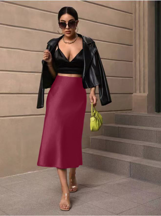 Hip Wrapped Fishtail Skirt Satin Mid Length Skirt Autumn Women Clothing Direct Burgundy