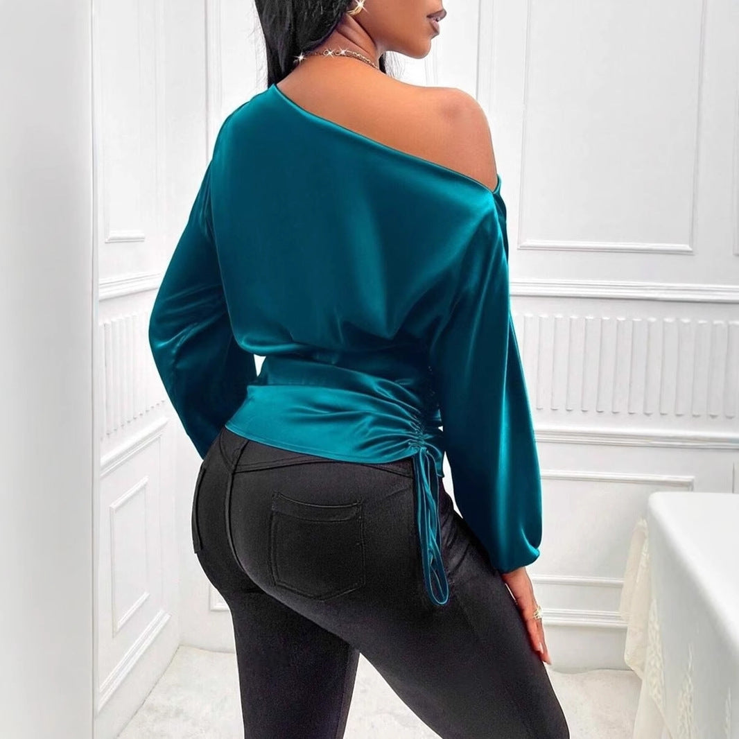 Women Clothes Satin Shirt Autumn Winter Asymmetric Long Sleeve Diagonal Collar Shirt Top