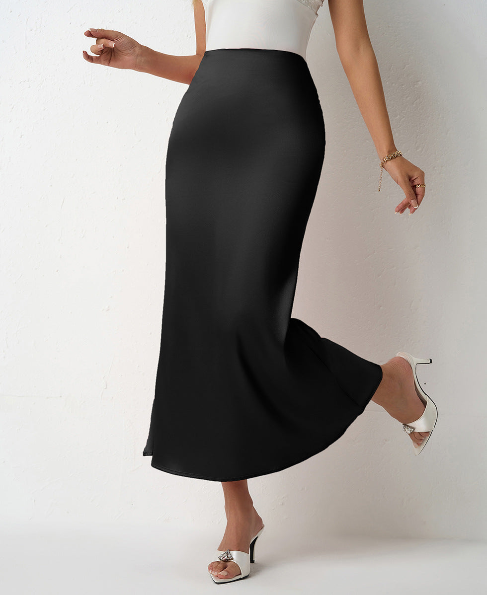 Women Clothing Spring Summer Slim Satin Skirt Satin Mid Length Sheath Fishtail Skirt Black