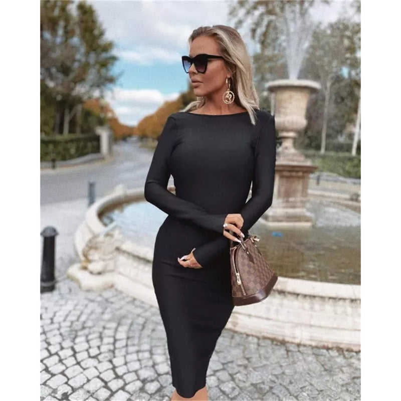 Sexy Dress Women New Backless Long Sleeves Midi Dress for Women Black