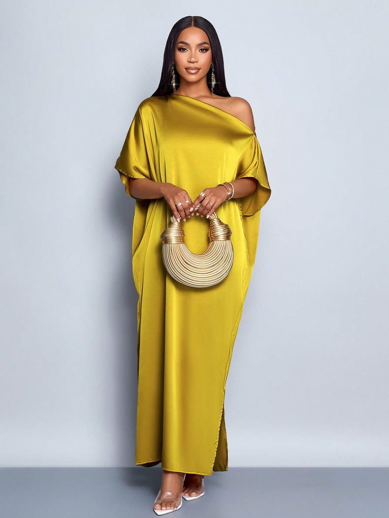Women Clothing Early Autumn Satin Dress Yellow Satin Maxi Dress Yellow