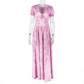 Sweet Women Clothing Printing Elegant A line Dress Pleated V neck Bubble Sleeve Length Dress Pink