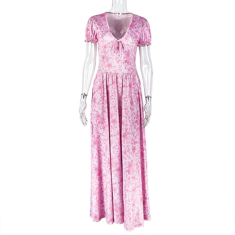 Sweet Women Clothing Printing Elegant A line Dress Pleated V neck Bubble Sleeve Length Dress Pink