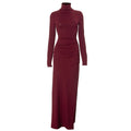Autumn Solid Color Half High Collar Long Sleeves Slit Slim Fit Sexy Long Women Dress Red