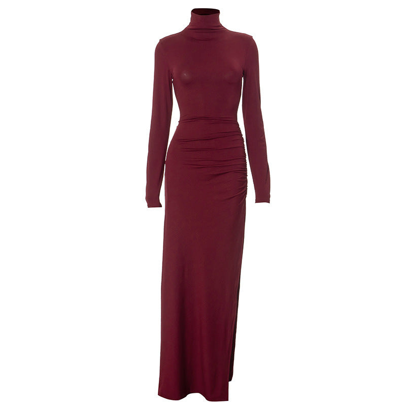 Autumn Solid Color Half High Collar Long Sleeves Slit Slim Fit Sexy Long Women Dress Red