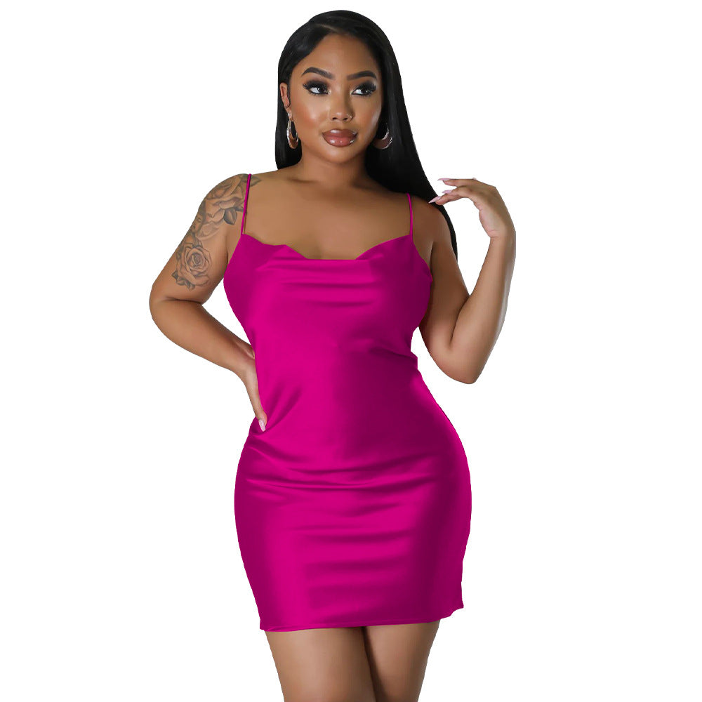Women Clothing Solid Color Backless Dress Artificial Silk Sexy Swing Collar Sling Dress Rose Purple