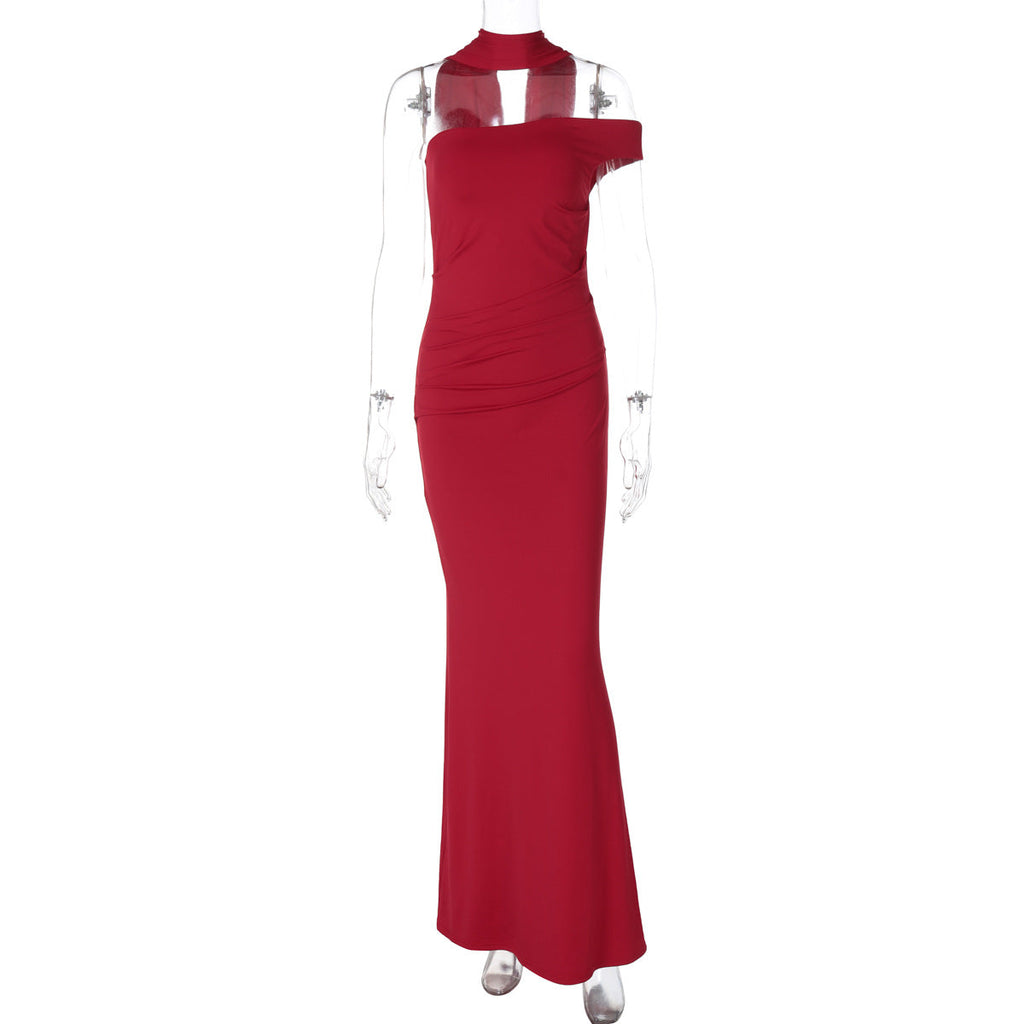 Women Summer Slim Fit Backless Ribbon Shoulder Tube Top Dress Red