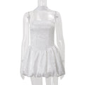 Women Clothing Autumn French Sexy Tube Top Dress Ribbon Fitted Waist Bubble Short Dress White