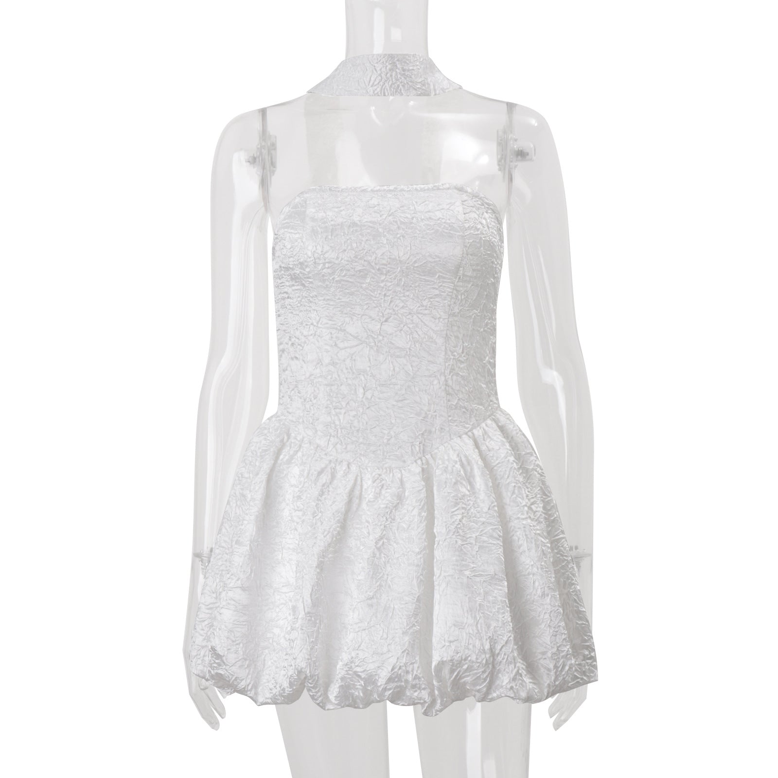Women Clothing Autumn French Sexy Tube Top Dress Ribbon Fitted Waist Bubble Short Dress White