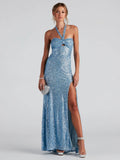 Summer Sexy Dress Sequined Halter Slim Fit Evening Dress Blue