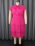 Summer Graceful Bow round Neck Dress Slim Fit Pleated Tiered Dress Party Evening Dress Coral Red