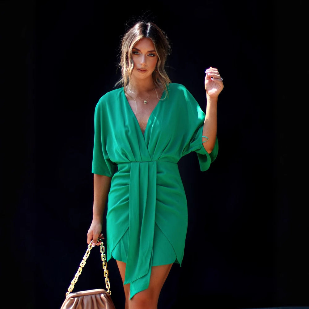 Women Clothing Summer Solid Color Elegant Irregular Asymmetric Slim Fit Dress Women Green