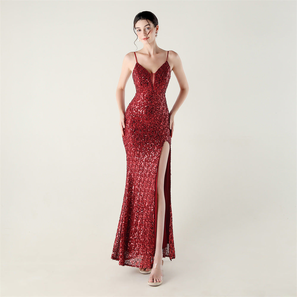 Bead Tube Sequin Spaghetti Strap High Slit Evening Dress Cross Tied Slim Fit Slimming Dinner Social Women Deep Red