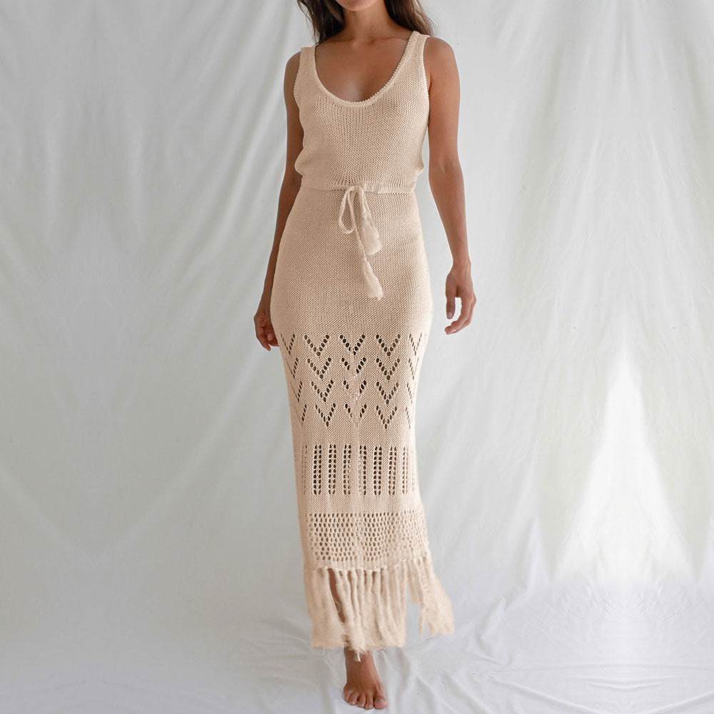 Sunscreen Beach Dress Hollow Out Cutout out Strap Women Maxi Dress with Tassel Bikini Swimsuit Blouse Apricot