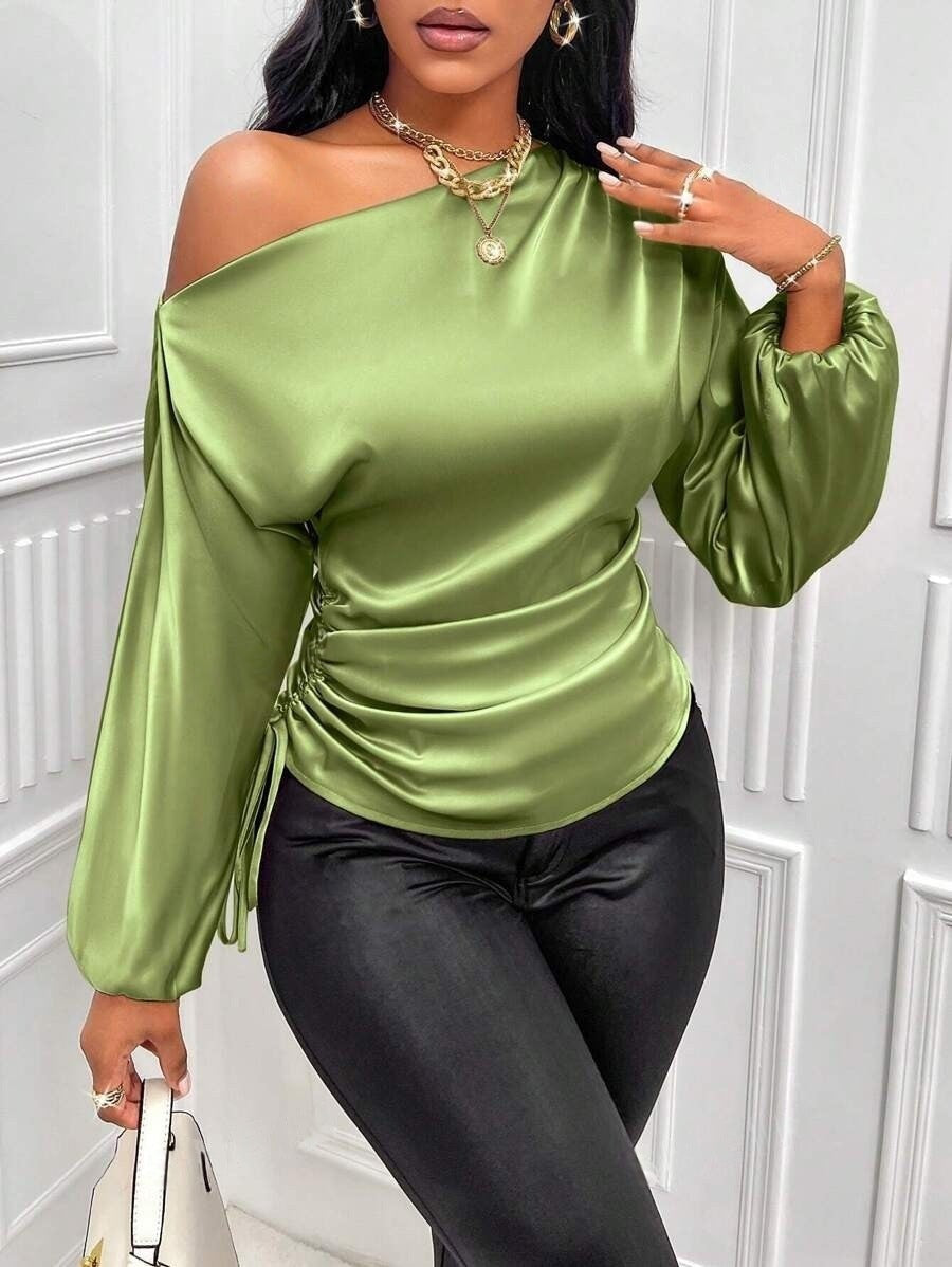 Women Clothes Satin Shirt Autumn Winter Asymmetric Long Sleeve Diagonal Collar Shirt Top Green