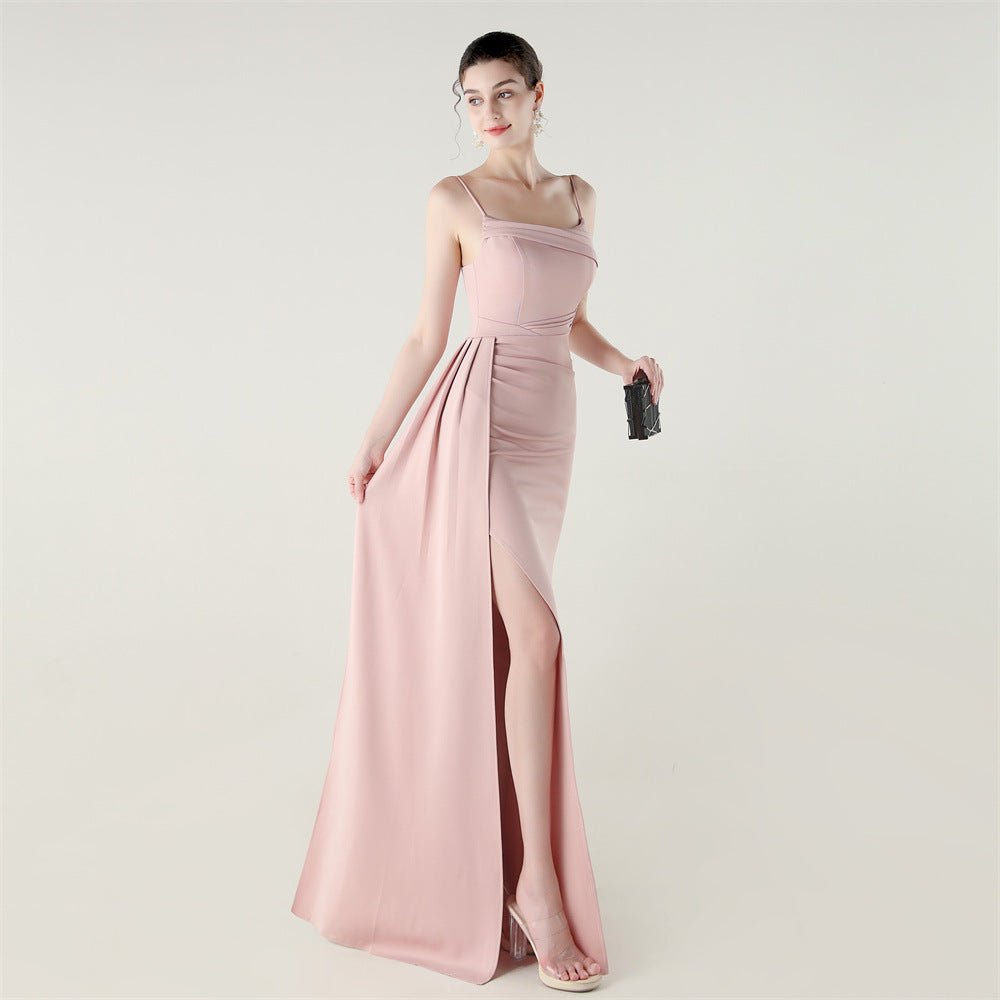 Camisole Tube Top Satin Pleated Fishtail High Slit Evening Dress Elegant Slim Dress for Dinner Ceremony Pink