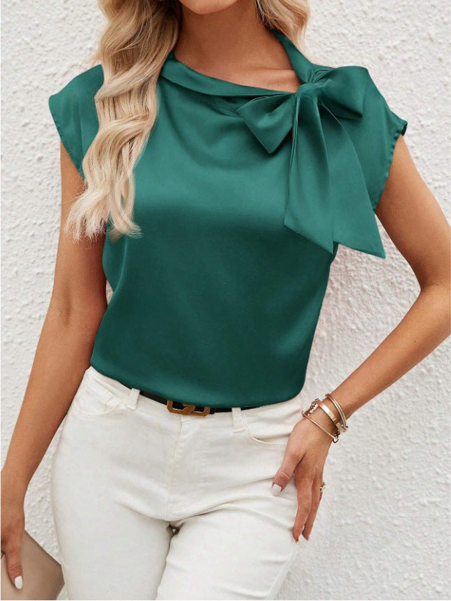 Half Open Collar Bow Satin Top Special Interest Design Satin Women Clothing T shirt Green