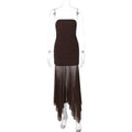 Women Clothing Spring Sexy Tube Top off Neck Mesh Stitching Dress Coffee brown