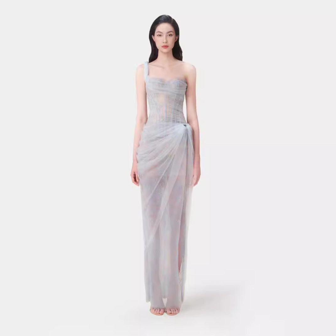 Summer Pure Sexy Lace Solid Color One Shoulder Dress Light Blue