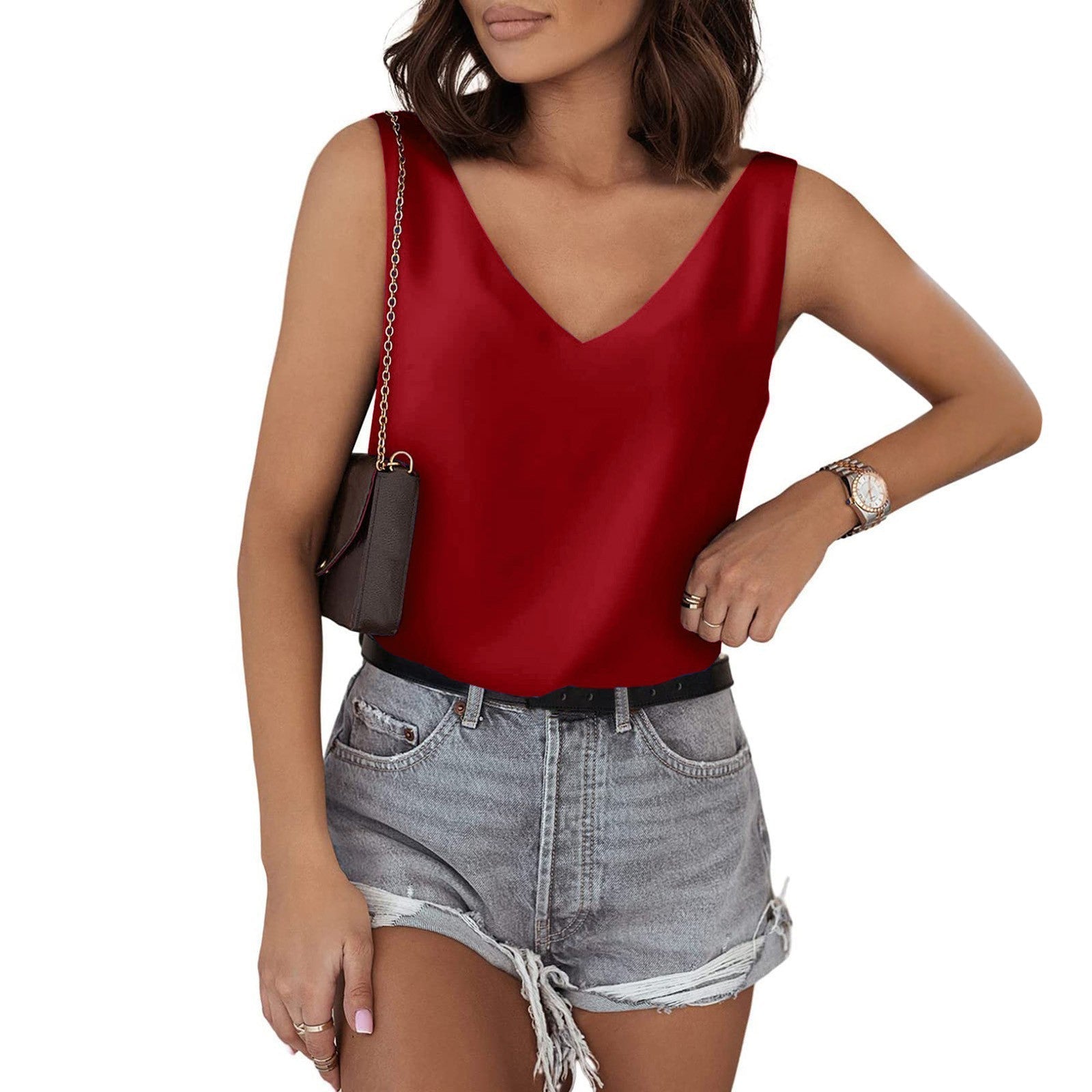 Solid Color Satin Vest V neck Casual Camisole Sleeveless Shirt Summer Basic Burgundy