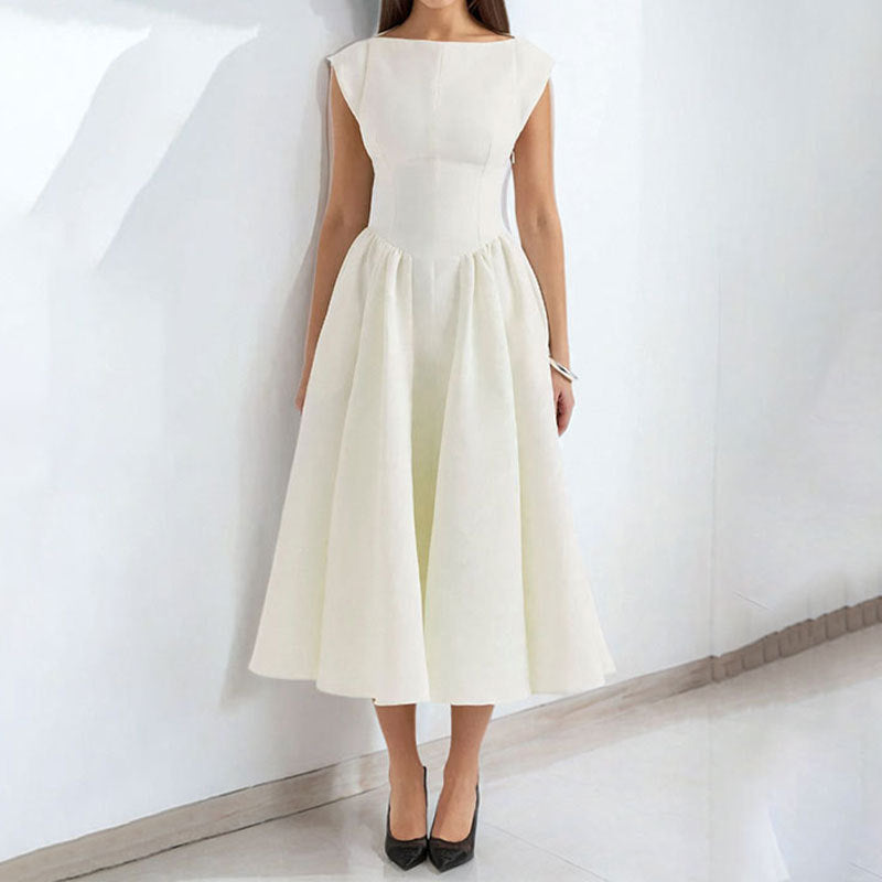 Spring French Sexy Elegant Waist Slimming Sleeveless Back Hollow Out Cutout Dress White