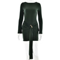 Sexy Elegant Women Slim Fit round Neck Hip Dress Arrival Lace up Tight Long Sleeve Dress Green